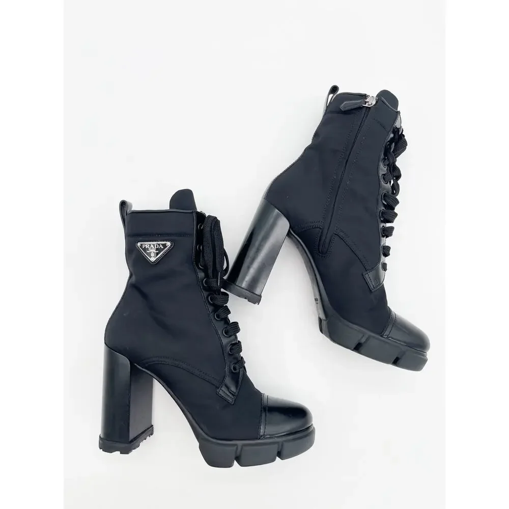 Prada Black Spazzolato Leather Re-Nylon Triangle Logo Lug Sole Ankle Boots IT 40 - Picture 3 of 13